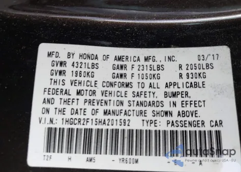 2017 Honda Accord Sport Se из США, поврежденный, VIN 1HGCR2F15HA201592